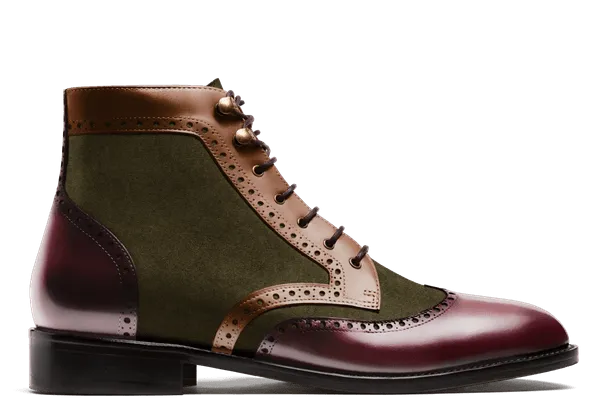  Botas Brogue en serraje y florentic verde, burdeos y marrón