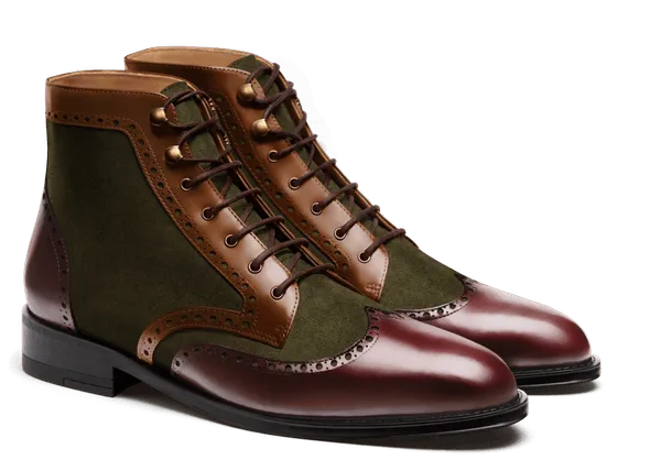  Botas Brogue en serraje y florentic verde, burdeos y marrón