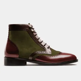  Botas Brogue en serraje y florentic verde, burdeos y marrón