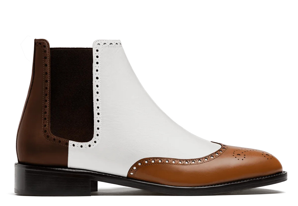  Botas Chelsea Brogue en piel blanco y marrón