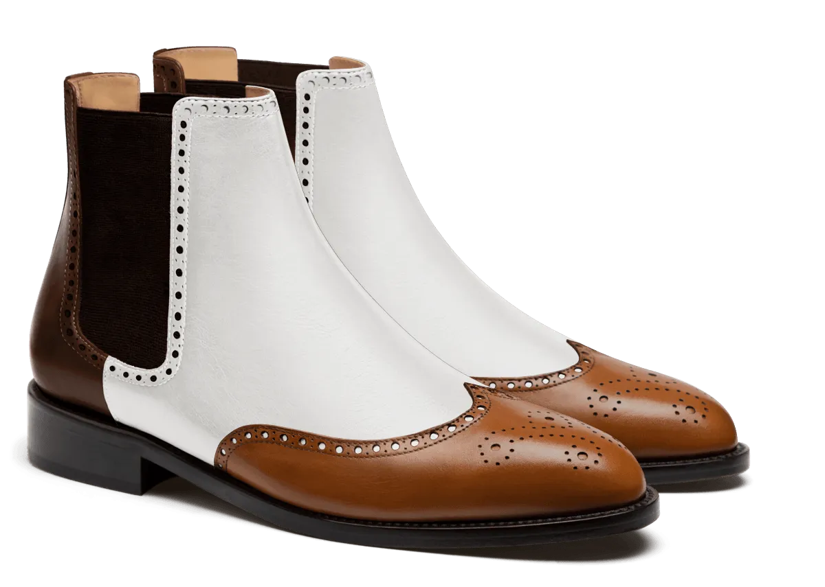  Botas Chelsea Brogue en piel blanco y marrón