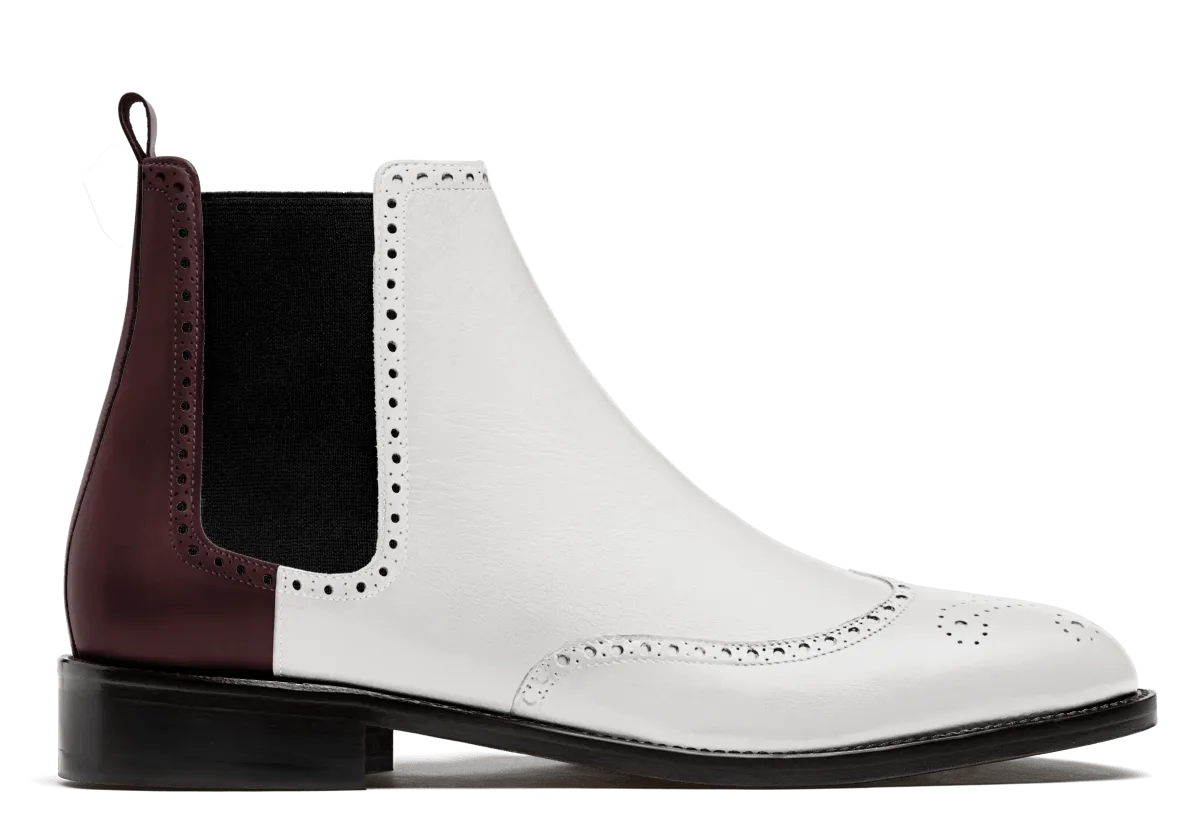  Botas Chelsea Hombre Brogue en piel blanco y burdeos