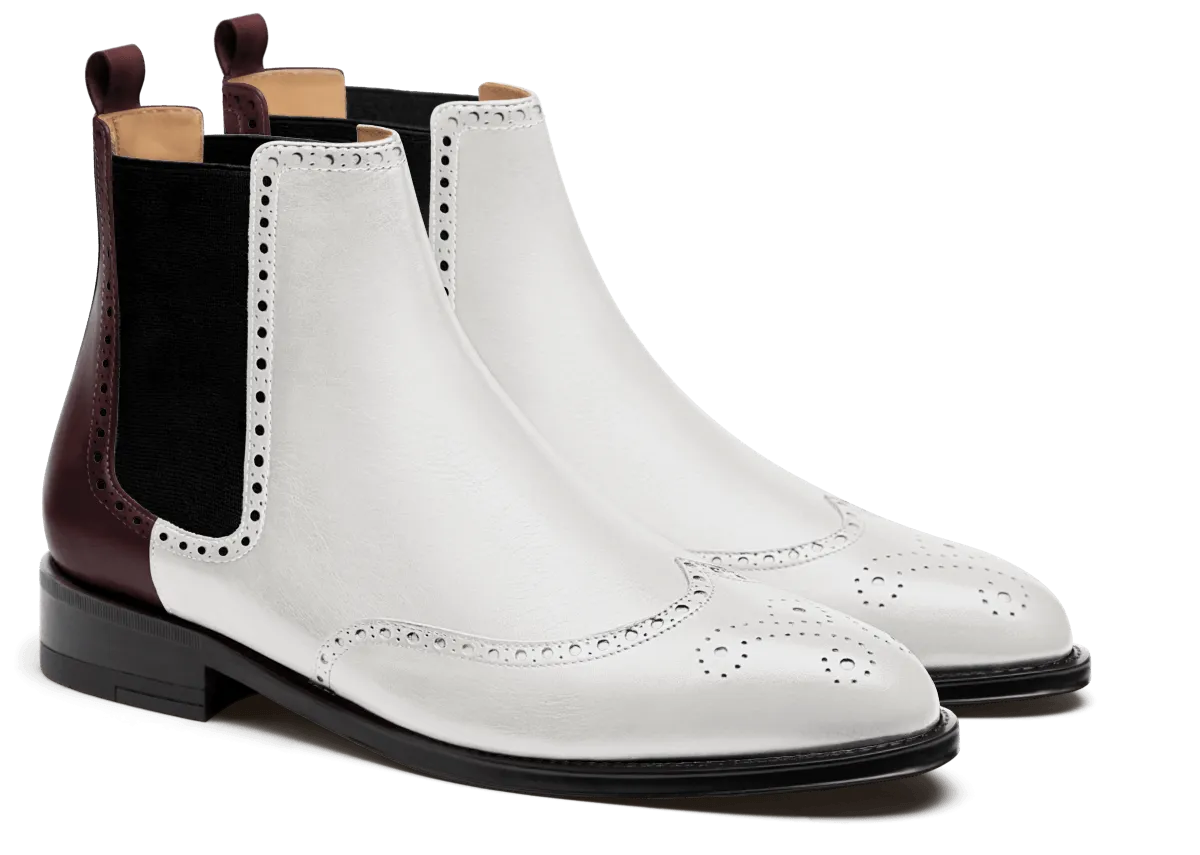  Botas Chelsea Hombre Brogue en piel blanco y burdeos