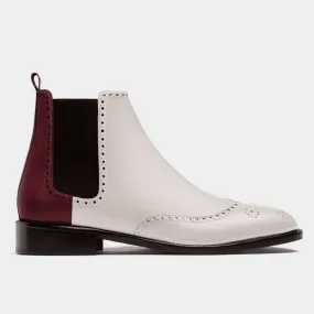  Botas Chelsea Hombre Brogue en piel blanco y burdeos