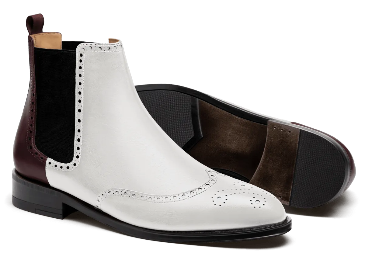  Botas Chelsea Hombre Brogue en piel blanco y burdeos