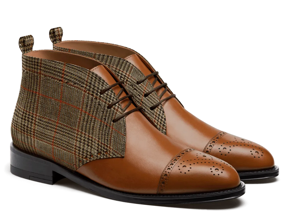  Botas Chukka Brogue en piel y tweed marrón