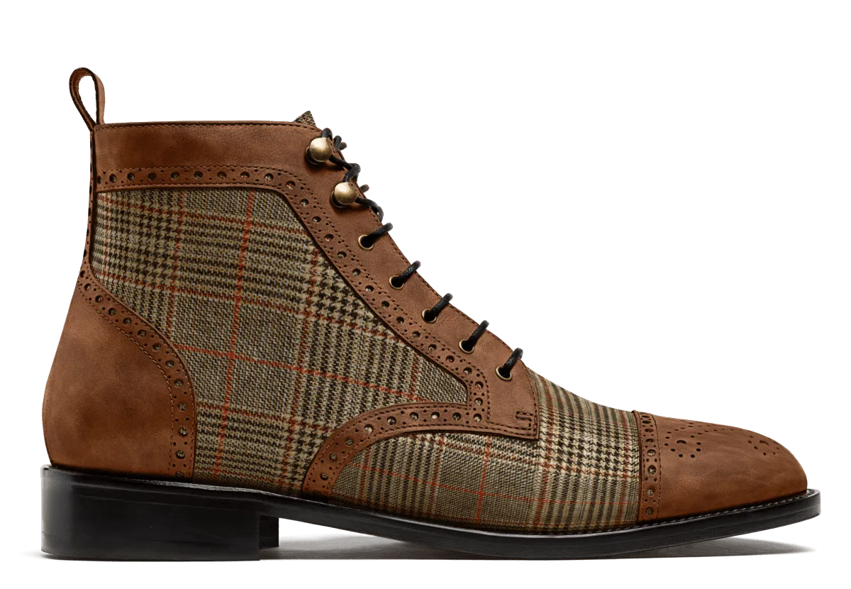  Botines Hombre Brogue en tweed y piel encerada marrón