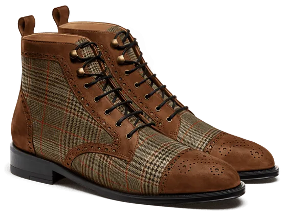  Botines Hombre Brogue en tweed y piel encerada marrón