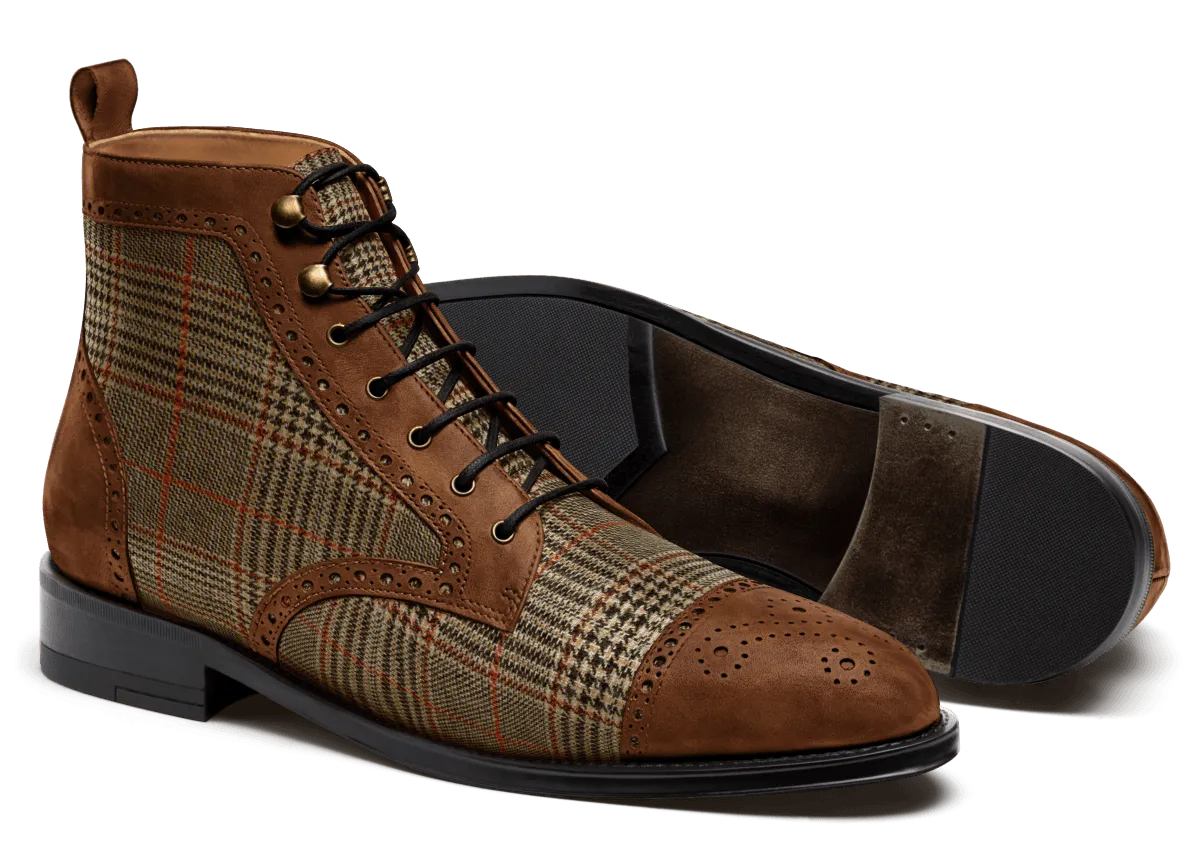  Botines Hombre Brogue en tweed y piel encerada marrón