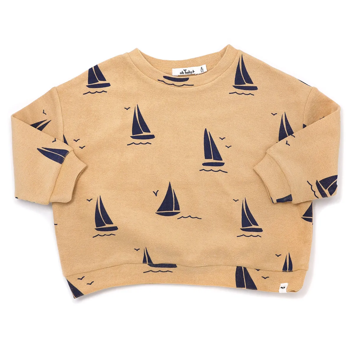 Cotton Terry Slouch Boxy Sweatshirt - Sailboat Print - Oatmilk