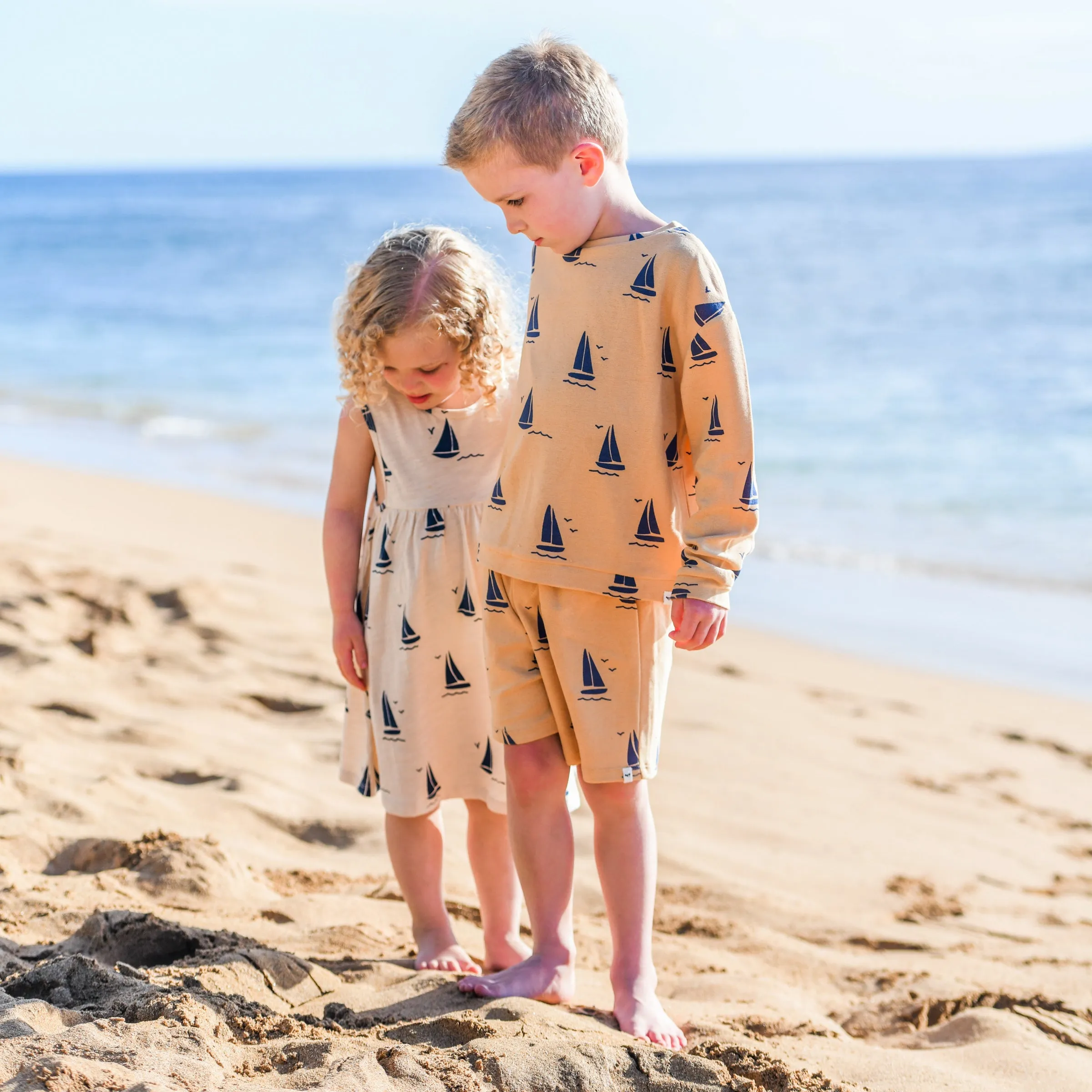 Cotton Terry Slouch Boxy Sweatshirt - Sailboat Print - Oatmilk