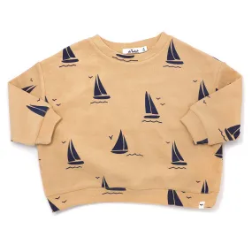 Cotton Terry Slouch Boxy Sweatshirt - Sailboat Print - Oatmilk