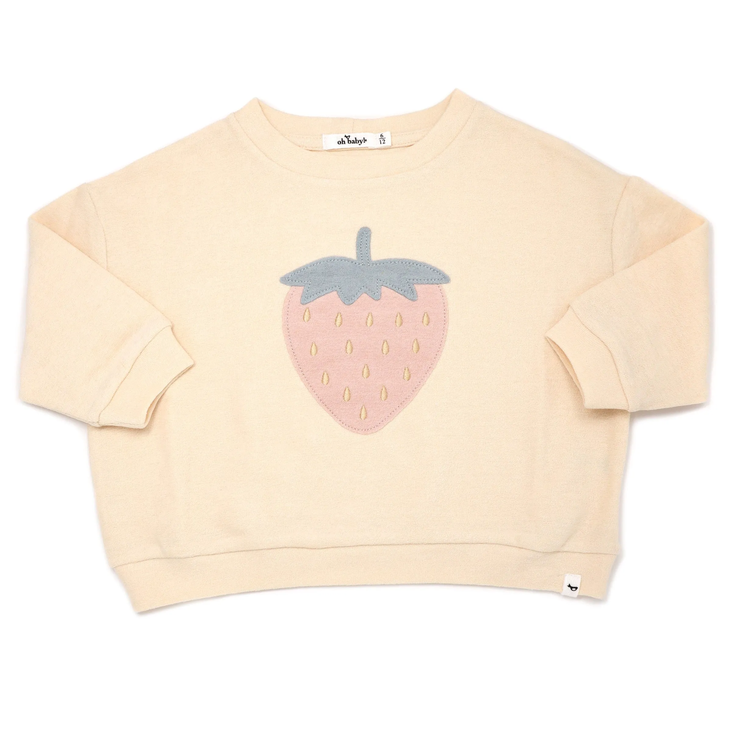 Cotton Terry Slouch Boxy Sweatshirt with Strawberry Applique - Natural