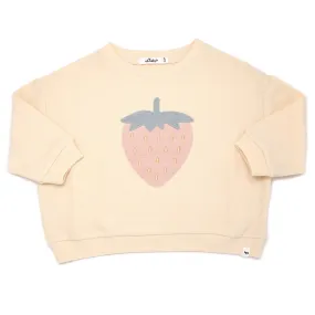 Cotton Terry Slouch Boxy Sweatshirt with Strawberry Applique - Natural