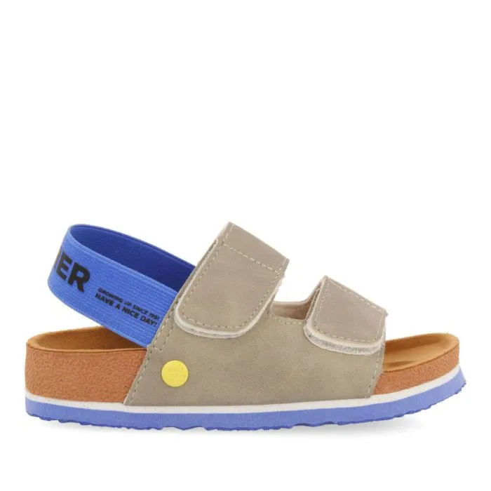 Courgis boys grey footbed sandals with blue details and text