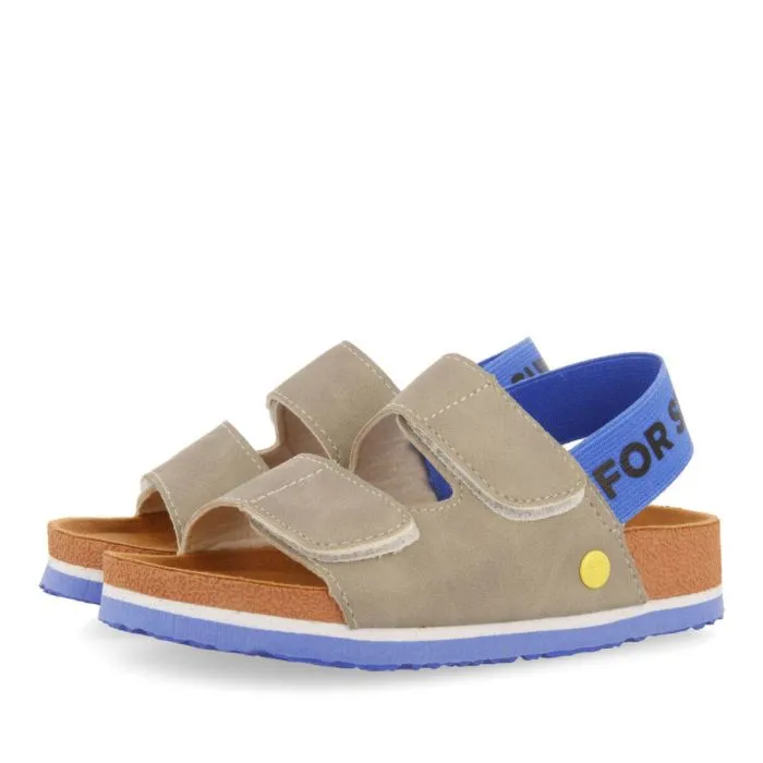 Courgis boys grey footbed sandals with blue details and text