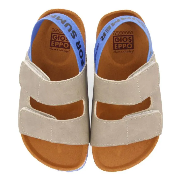 Courgis boys grey footbed sandals with blue details and text