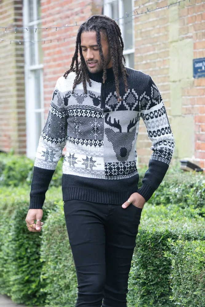 D555 Mens Christmas Jumper With 1/4 Zip and Stag Design (ICICLE)