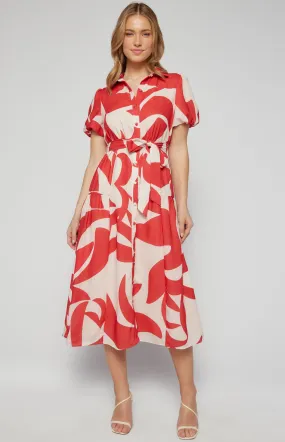 Faux Linen Abstract Print Button Up Midi Shirt Dress (SDR1640B)