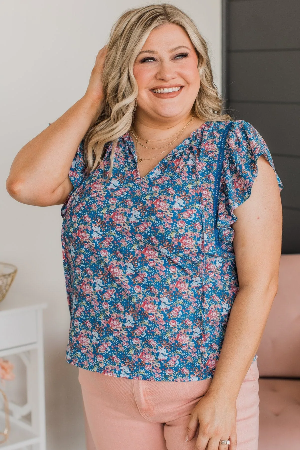 Floral Blouse in Royal Blue and Pink - Keen On You