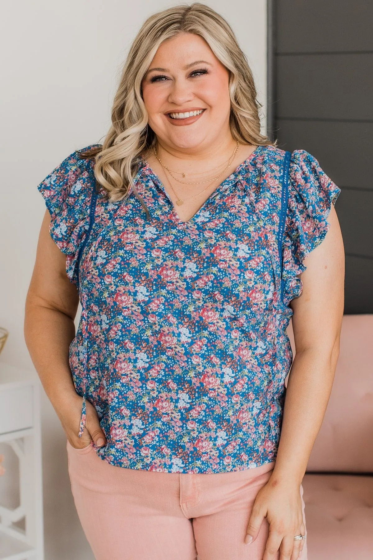 Floral Blouse in Royal Blue and Pink - Keen On You