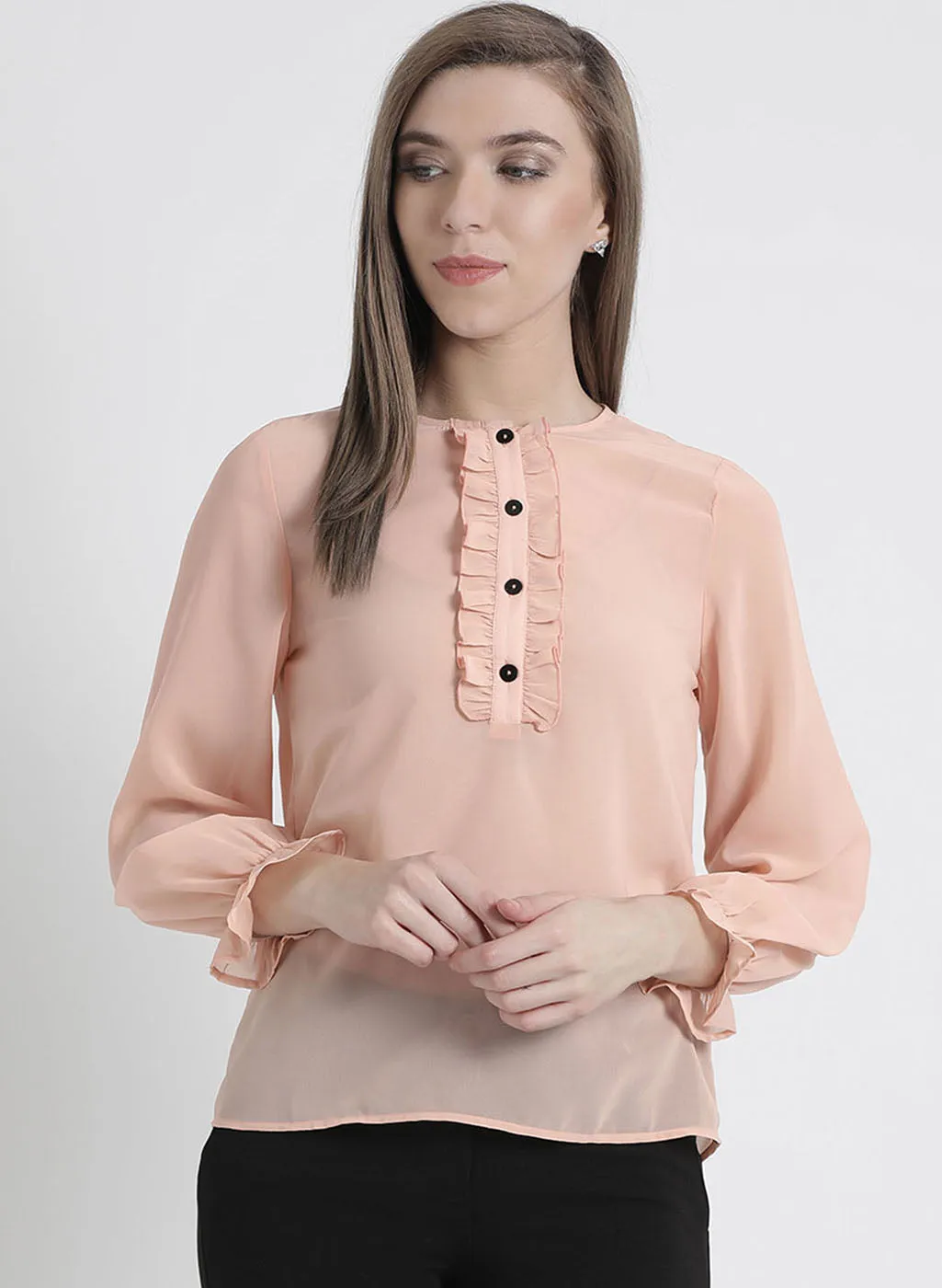 Full Sleeves Top With Ruffle Detailing At Sleeves