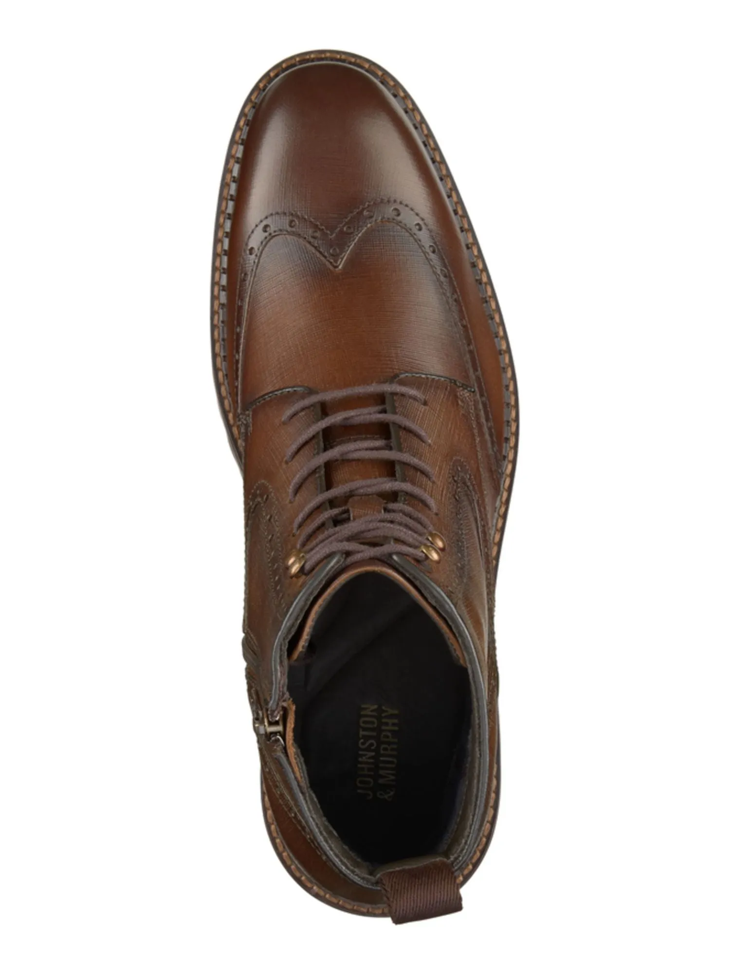 Johnston & Murphy Men's Brown Embossed Lug Sole Lace-Up Cushioned Removable Insole Garrison Round Toe Block Heel Zip-Up Leather 