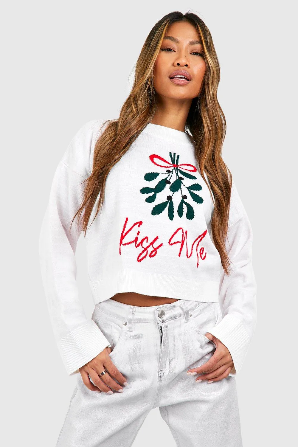 Kiss Me Slogan Fairisle Christmas Crop Sweater