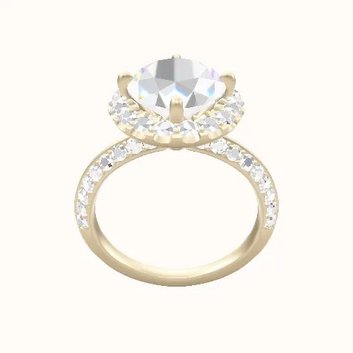 Knife Edge Double Row Pave Engagement Ring With Petal Prong Halo Head