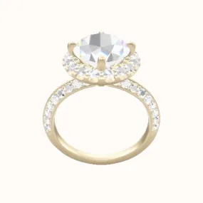 Knife Edge Double Row Pave Engagement Ring With Petal Prong Halo Head