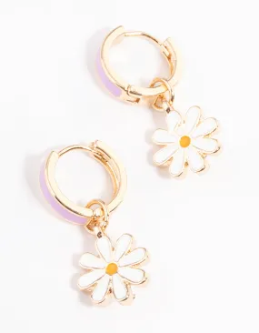 Lilac Daisy Huggie Earrings - Enamel Finish.