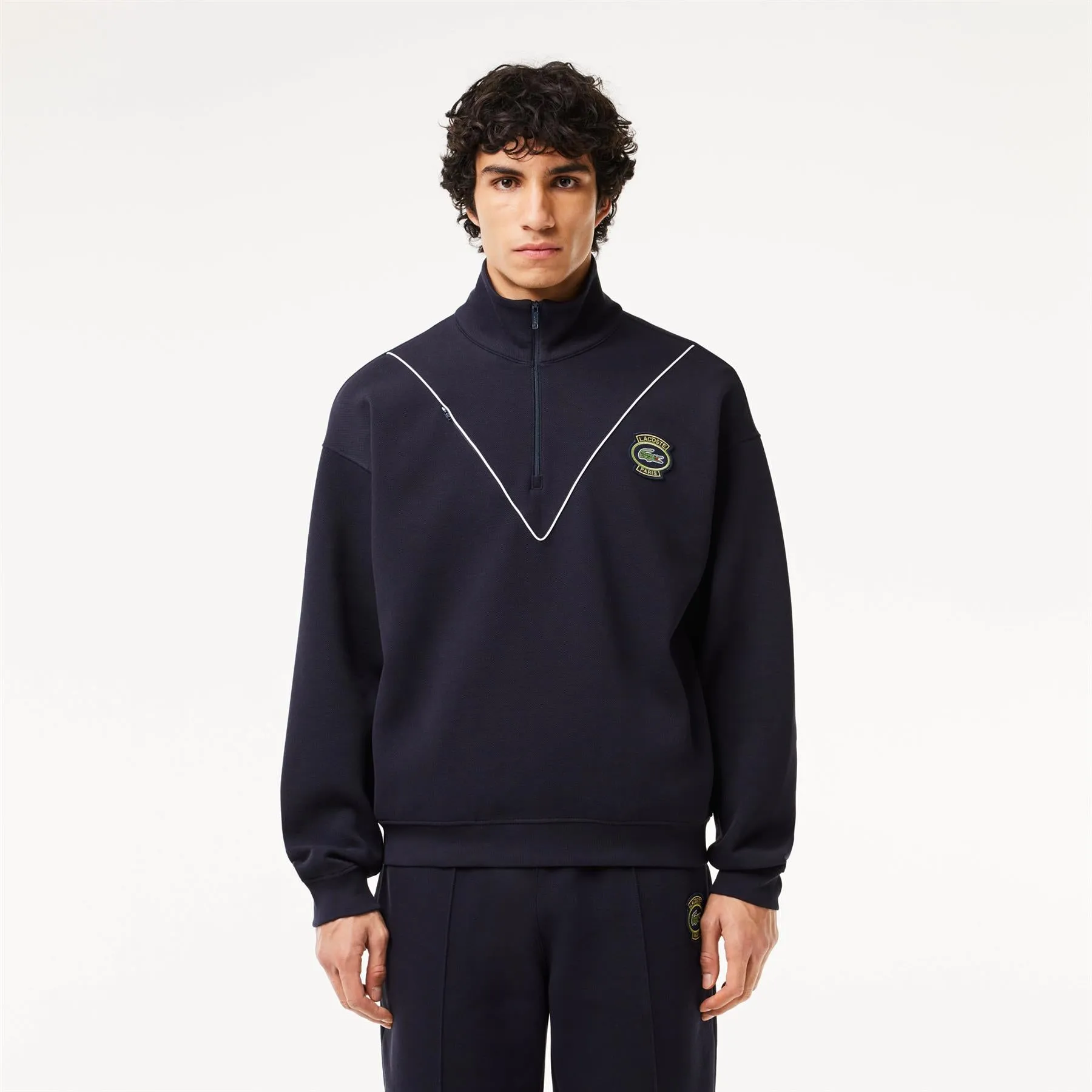 Loose Fit Navy Cotton Pique Quarter Zip Sweatshirt - SS24