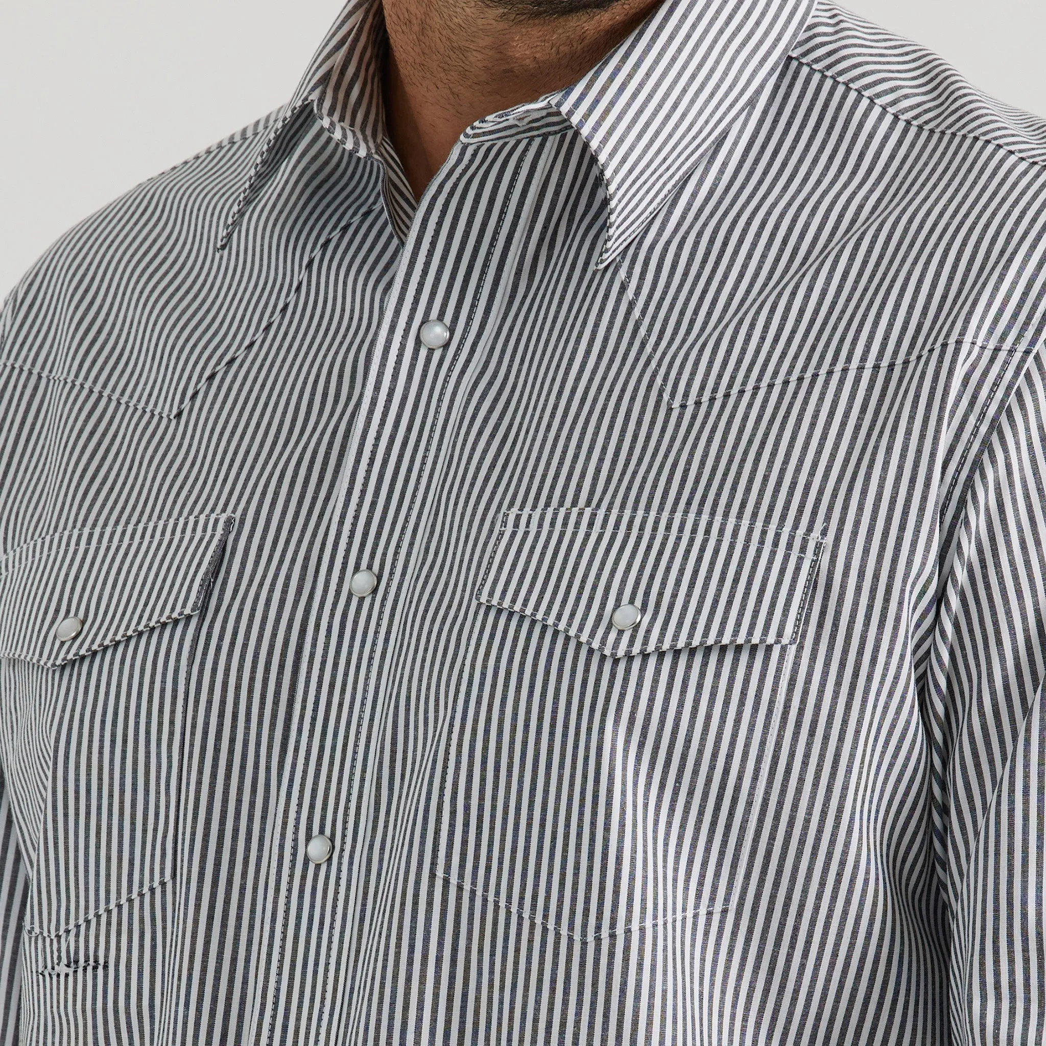 Men's White/Charcoal Stripe Long Sleeve by Wrangler