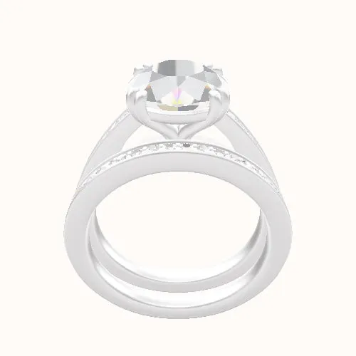 Micropave Cathedral Engagement Ring With Double Prongs Head and Matching Band