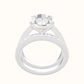 Micropave Cathedral Engagement Ring With Double Prongs Head and Matching Band