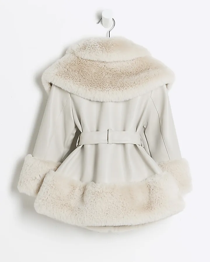 Mini Girls Cream Faux Fur Belted Coat