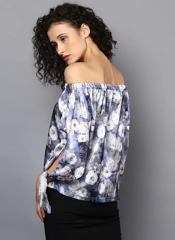 Off Shoulder Printed Satin Top  with Slit Sleeve