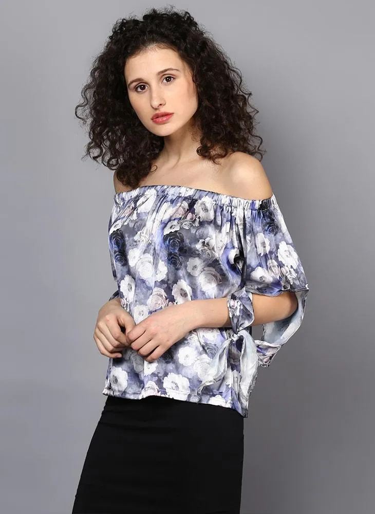 Off Shoulder Printed Satin Top  with Slit Sleeve