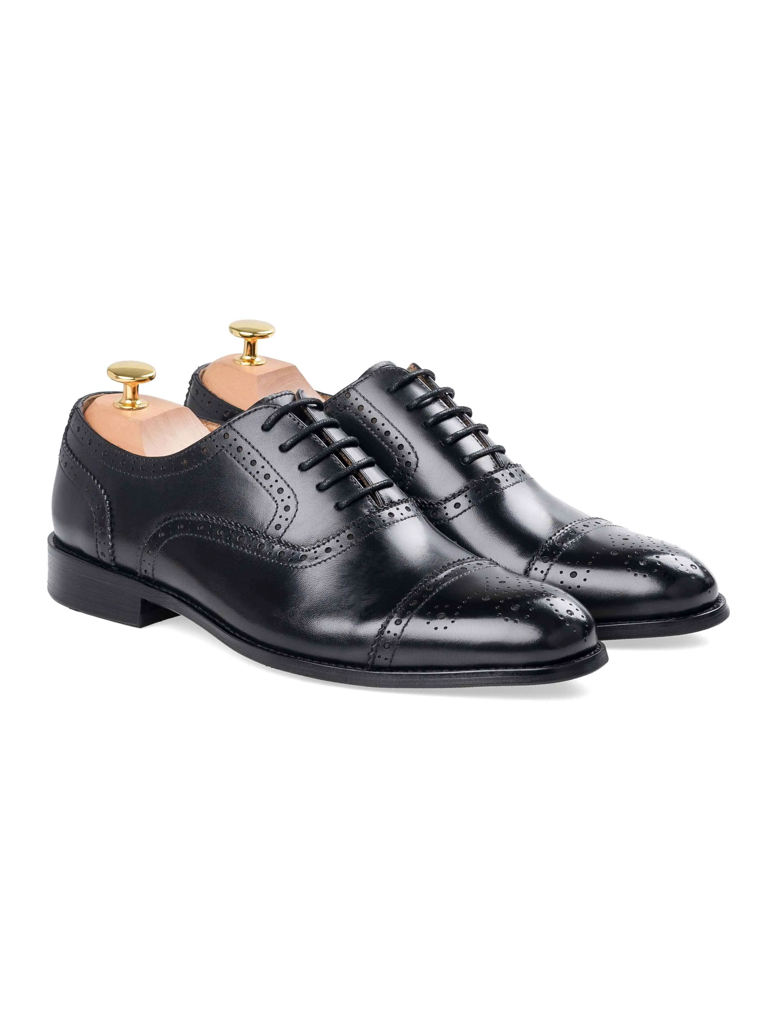 Oxford Cap Toe Black Semi Brogue Wide Lace Up Shoes