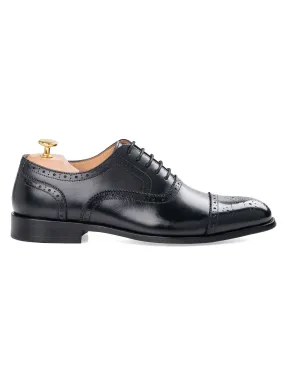 Oxford Cap Toe Black Semi Brogue Wide Lace Up Shoes