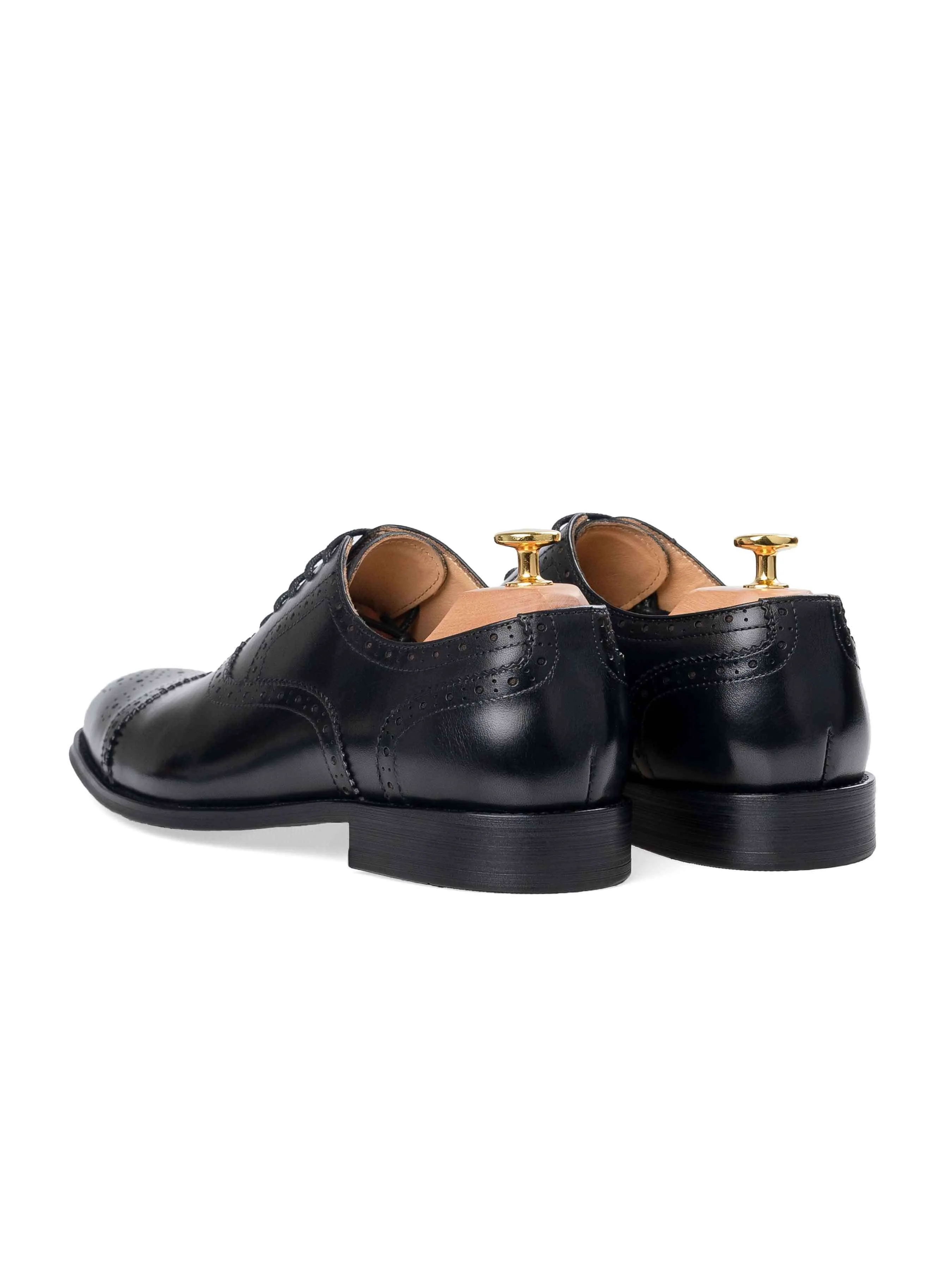 Oxford Cap Toe Black Semi Brogue Wide Lace Up Shoes