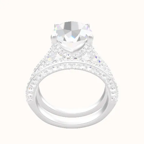 Petite Cathedral Three Row Engagement Ring With Double Pave V Prong Head and Matching Band