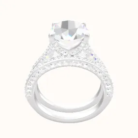 Petite Cathedral Three Row Engagement Ring With Double Pave V Prong Head and Matching Band