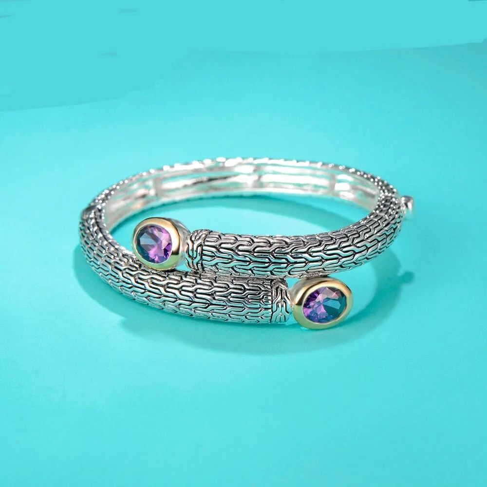 Rhodium Plated Amethyst Hinged Bangle Bracelet with Two-Tone Design.