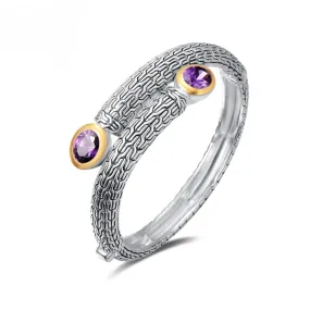 Rhodium Plated Amethyst Hinged Bangle Bracelet with Two-Tone Design.