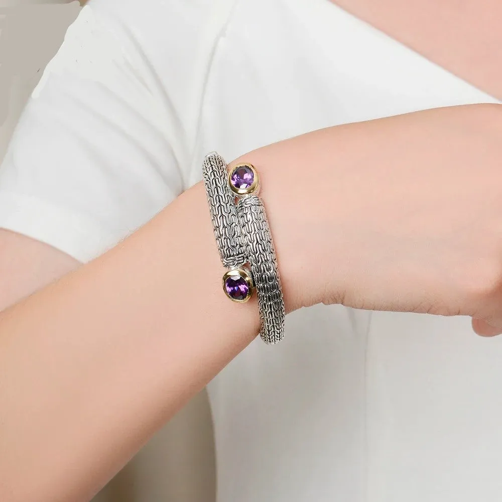 Rhodium Plated Amethyst Hinged Bangle Bracelet with Two-Tone Design.