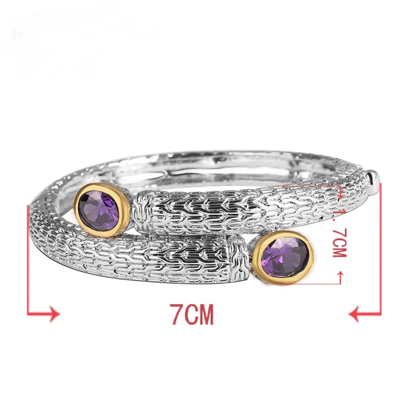 Rhodium Plated Amethyst Hinged Bangle Bracelet with Two-Tone Design.