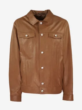 Special collection - Solid color leather jacket with shirt collar and front button closure.