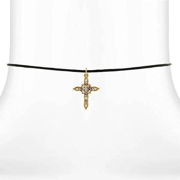 Symbols of Faith Crystal Filigree Cross Pendant Satin Cord Choker Necklace 14 + 5 Extender