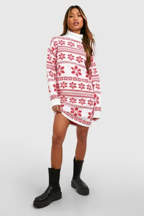 Turtleneck Snowflake And Fairisle Christmas Sweater Dress